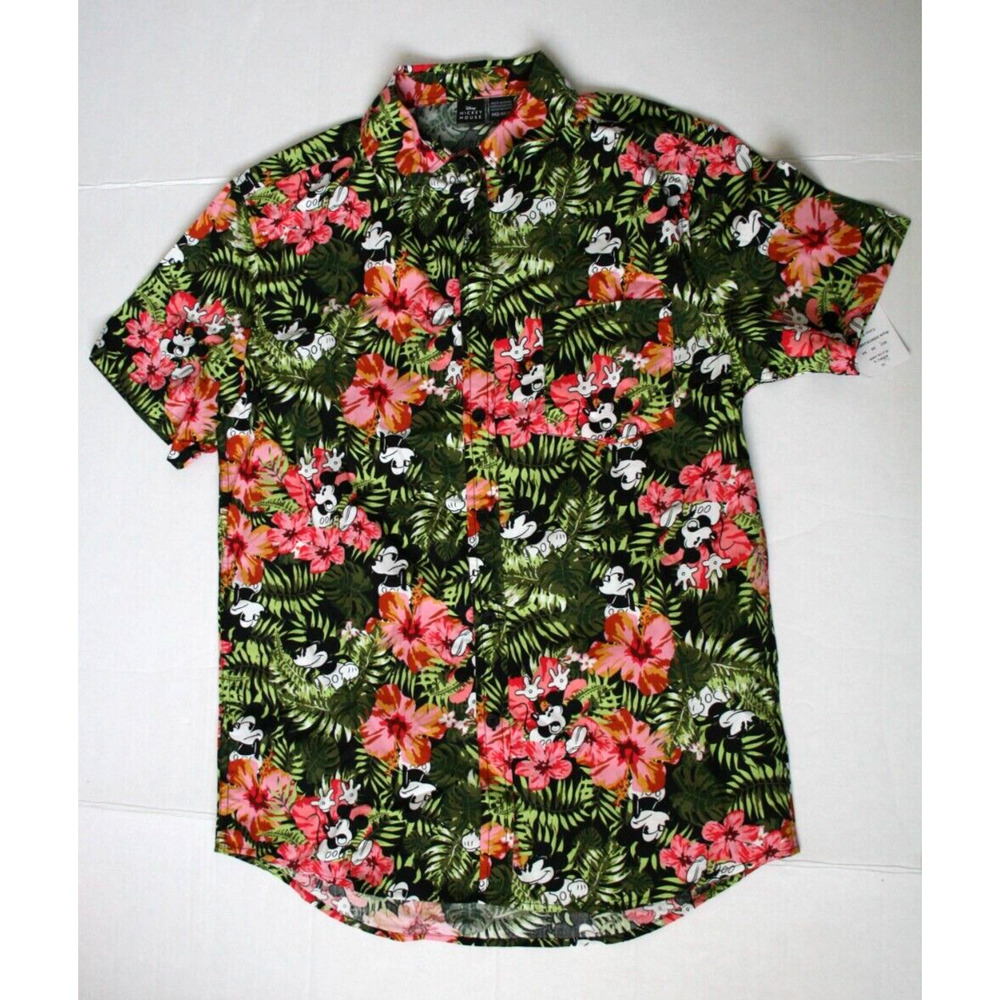 Disney Mickey Mouse Hawaiian Button Down S/S Shirt Size M Green Pink Habiscus